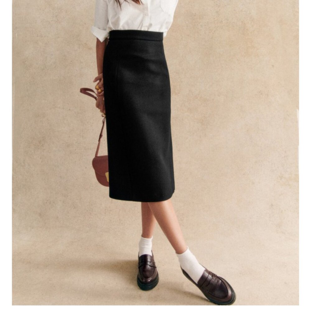 SEZANE Sz 42 10 US Black Noir Musetta Skirt Wool Blend Midi Straight NWT